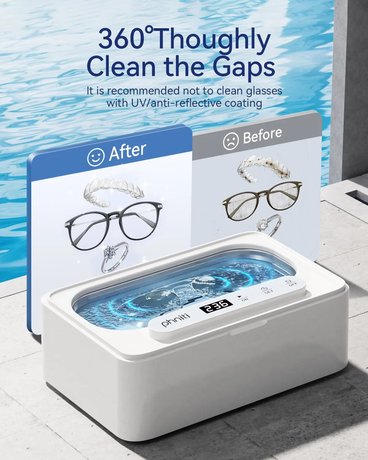 Ultrasonic Jewelry Cleaner, Phniti Ultrasonic Cleaner 47KHz 330ml Retainer Cleaner Machine with 3 Timer Mode for Jewelry, Dentures Retainers, Aligners, Glasses, Watch, Household Use