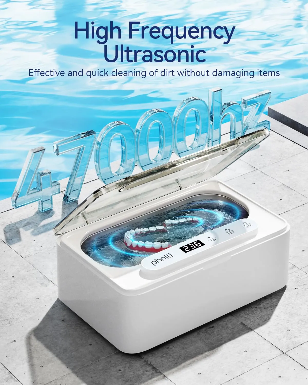 Ultrasonic Jewelry Cleaner, Phniti Ultrasonic Cleaner 47KHz 330ml Retainer Cleaner Machine with 3 Timer Mode for Jewelry, Dentures Retainers, Aligners, Glasses, Watch, Household Use