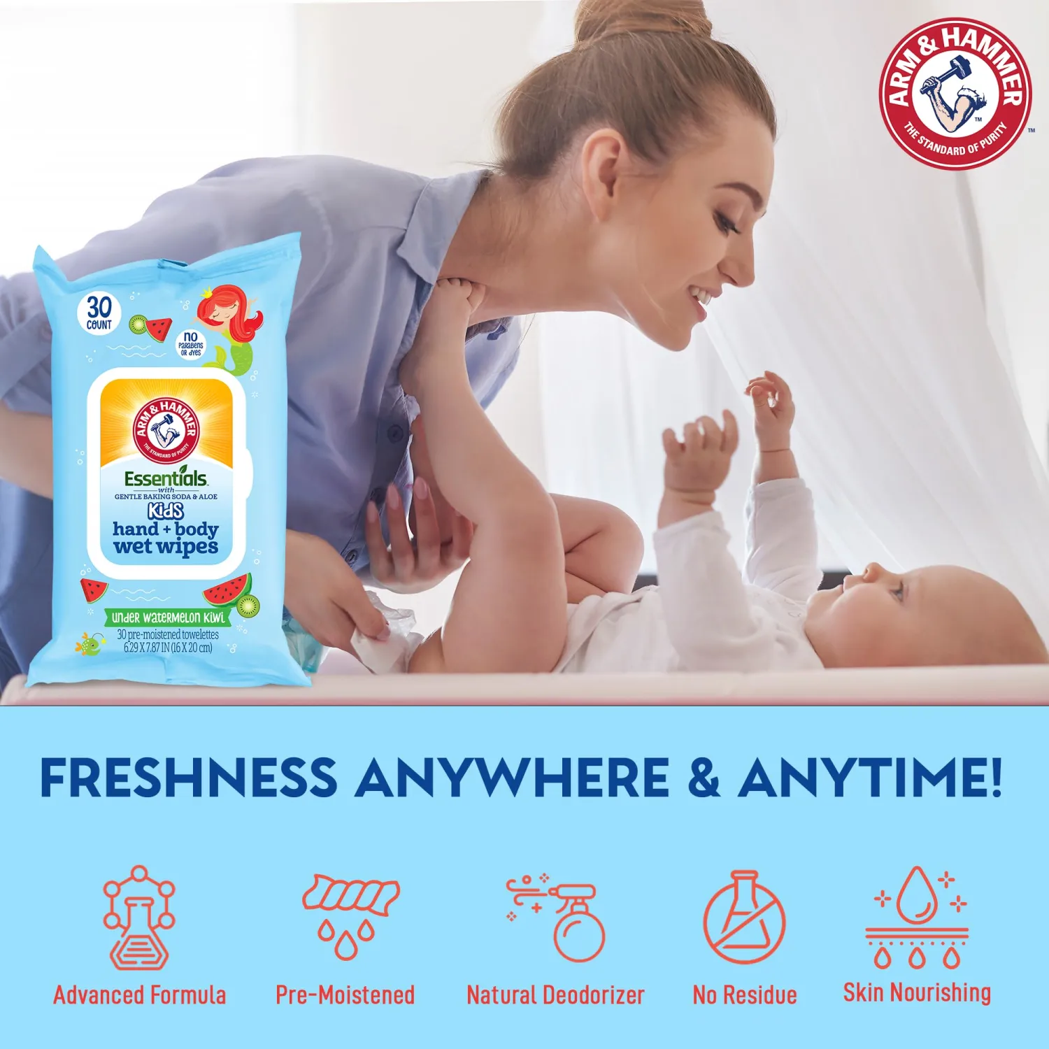 Sea Monster Mango Baby Wipes - 30 Count Travel Friendly Face & Body Wet Wipes - 1 Flip-Top Pack of Towelettes Infused with Aloe Vera & Chamomile