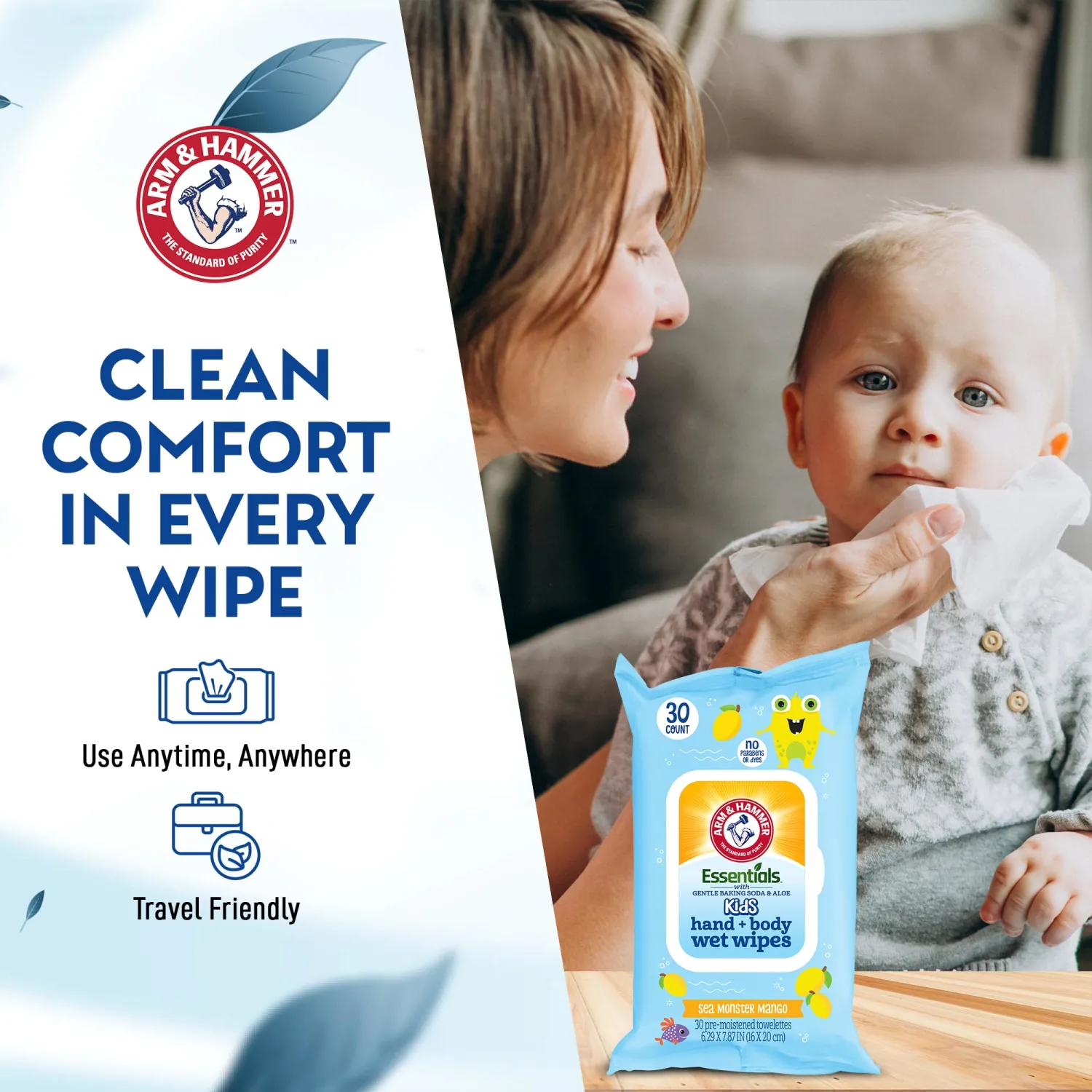 Sea Monster Mango Baby Wipes - 30 Count Travel Friendly Face & Body Wet Wipes - 1 Flip-Top Pack of Towelettes Infused with Aloe Vera & Chamomile