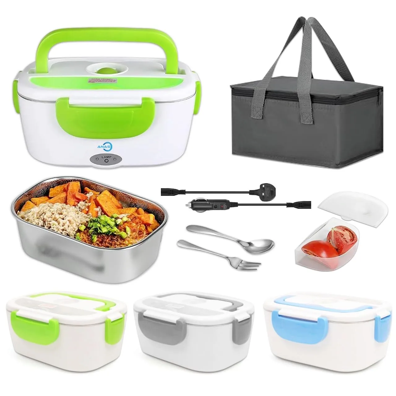 Anas Electric Lunch Box 2-in-1 - Portable Food Heater Perfect for Car & Home, Leakproof Design with Removable 1.5L Stainless Steel Container, Spoon, Fork 110V/12V (Green)