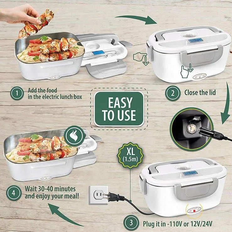 Anas Electric Lunch Box 2-in-1 - Portable Food Heater Perfect for Car & Home, Leakproof Design with Removable 1.5L Stainless Steel Container, Spoon, Fork 110V/12V (Green)