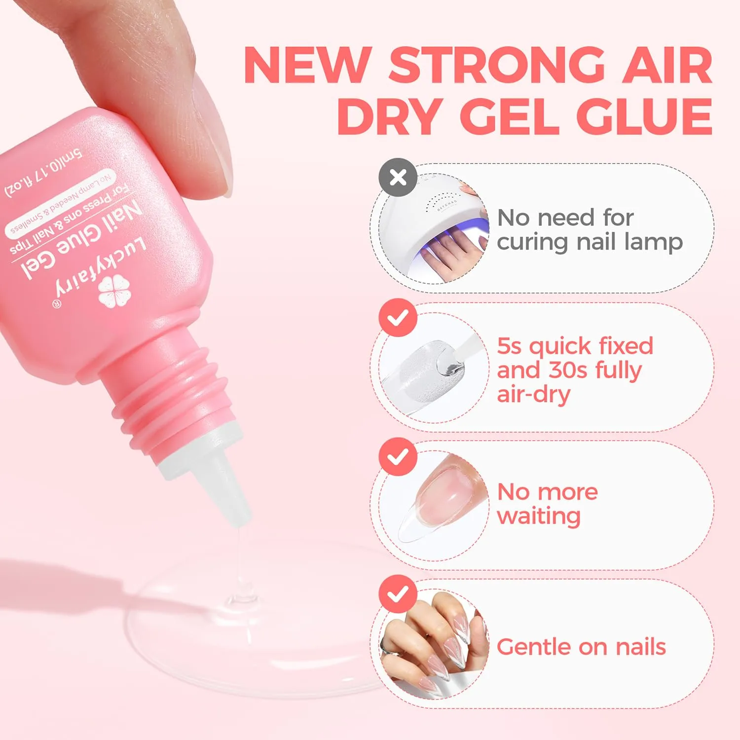 Super Strong Gel Nail Glue for Press On Nails(5ml), Upgraded Air Quickly Dry Glue Gel No UV Light Needed for Nail Tips Fake Nails Long Lasting with Professional Salon Quality