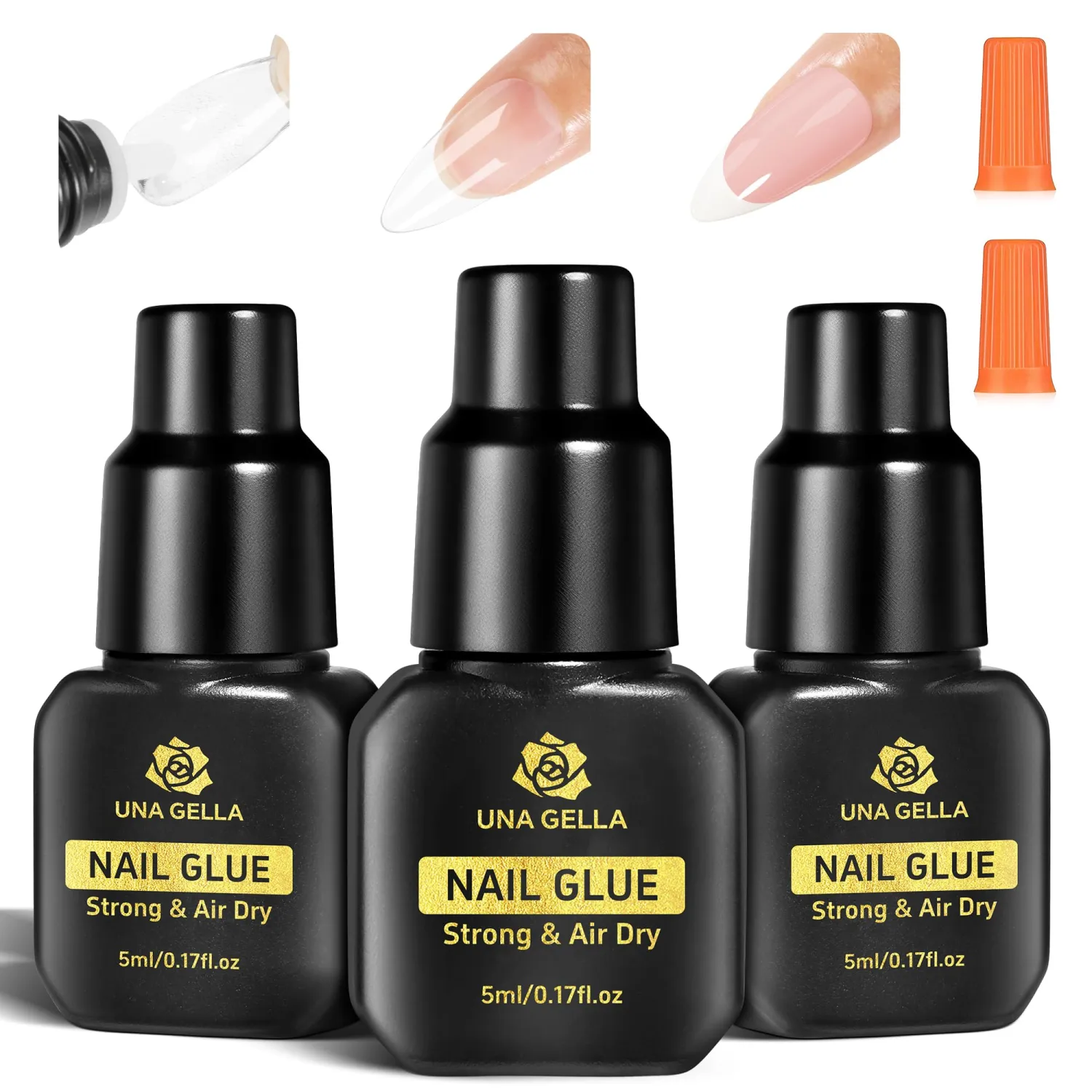 UNA GELLA Fast Drying Super Strong Nail Glue for Press Ons(5ML*3PCS) Acrylic Nails Tips No U/V Light Needed Press On Nail Glue Salon Quality Professional Nail Glue Home DIY with Opener, Drip Use