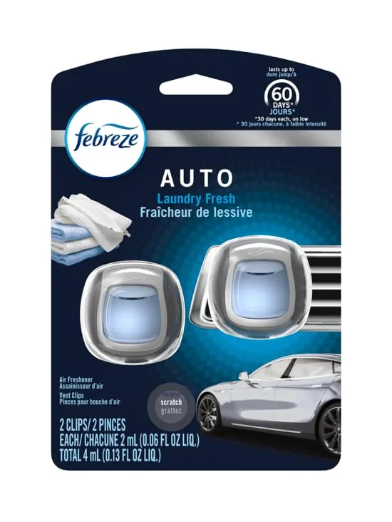 Febreze Car Vent Clip Air Freshener, Odor Eliminator for Up to 30 Days Freshness, 2 Clips (Laundry Fresh)