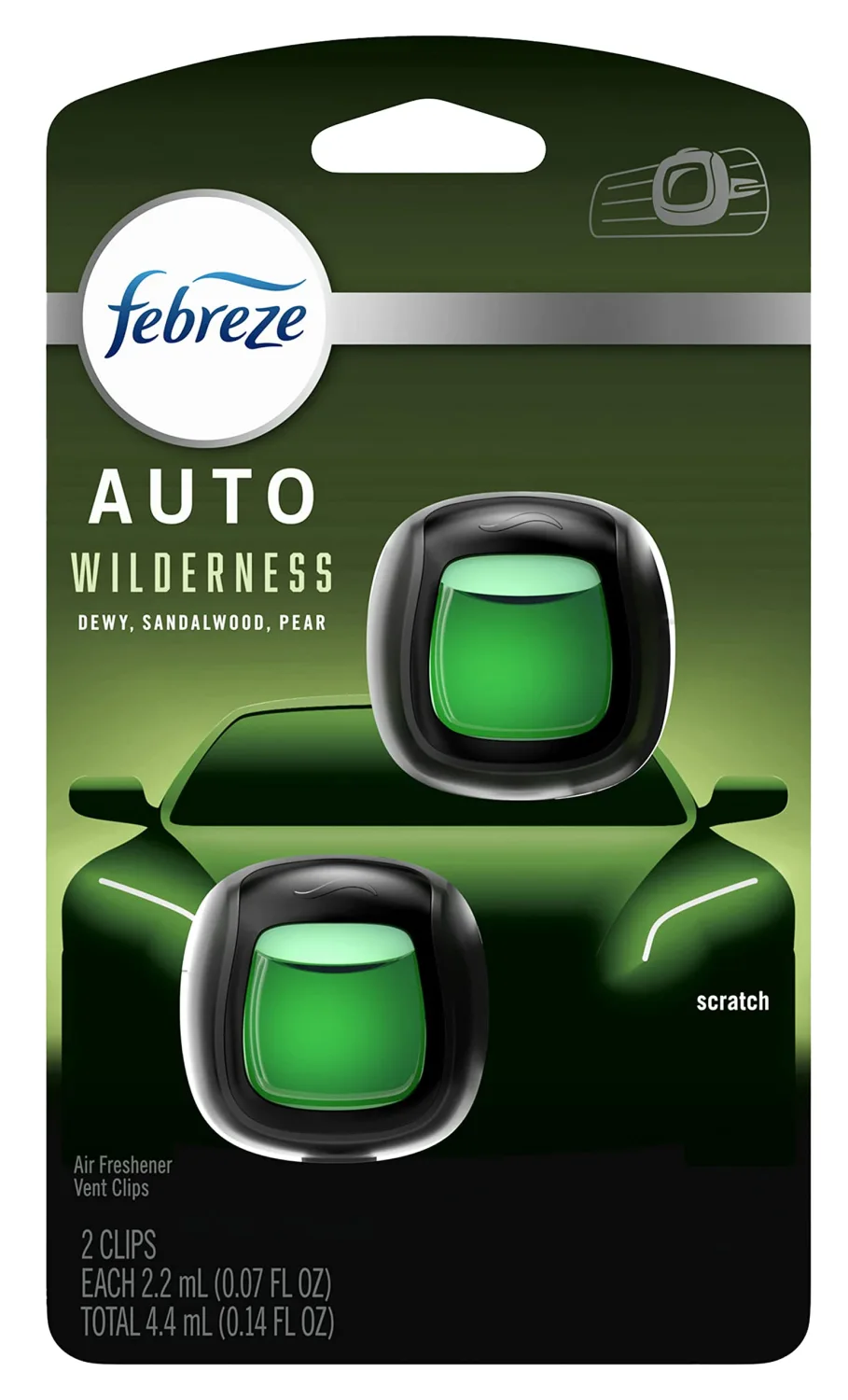 Febreze Car Vent Clip Air Freshener, Odor Eliminator for Up to 30 Days Freshness, 2 Clips (Wilderness)