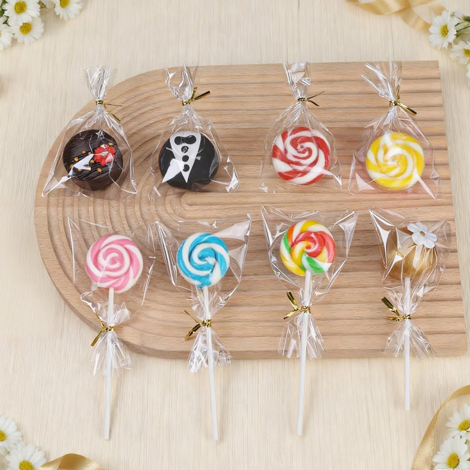 ROSPAKTEK 100 Pcs Cellophane Treat Bags 3x5 Inch with 100 Twist Ties - OPP Plastic Cake Pop Bags for Lollipop, Candy, Chocolate, Cookie Wrapping & Buffet