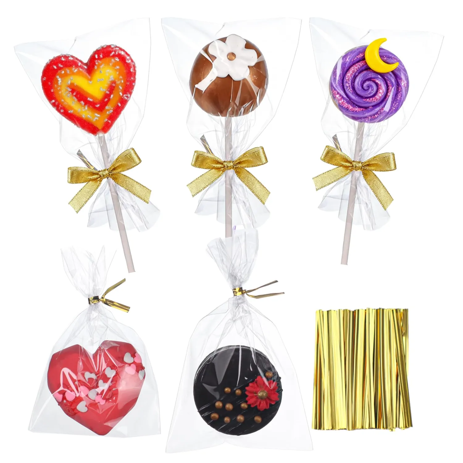 ROSPAKTEK 100 Pcs Cellophane Treat Bags 3x5 Inch with 100 Twist Ties - OPP Plastic Cake Pop Bags for Lollipop, Candy, Chocolate, Cookie Wrapping & Buffet