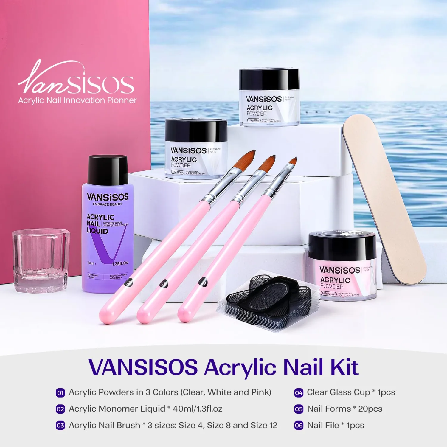 Acrylic Nail Kit for Beginners: Clear White Pink Powder and Liquid Set Professional Nails Kit Acrylic Set with Brushes for Home DIY