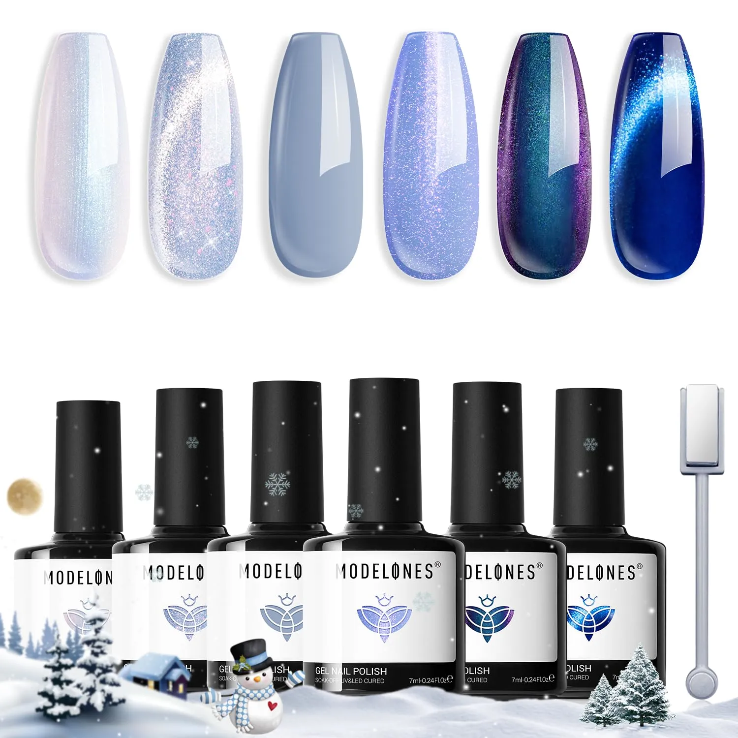 modelones Gel Nail Polish Set, 6 Colors 2025 Christmas Winter Icy Blue Collection Glitter Gel Polish Galaxy White Dark Blue 9D Cat Eye Nail Polish with Magnet Soak Off Led Nail Art Kit Salon DIY Gift