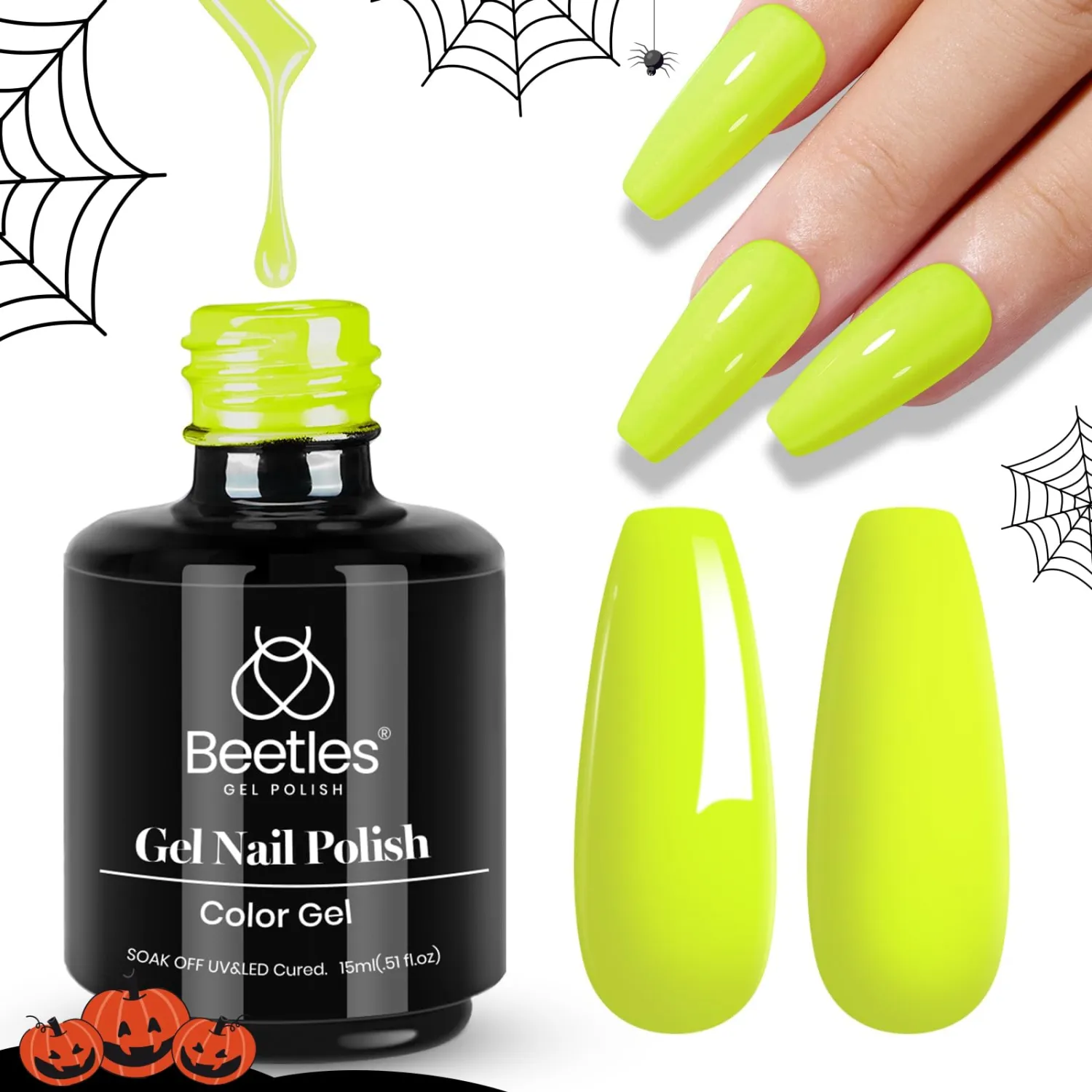 Beetles Neon Green Gel Nail Polish,15ml Bright Neon Green Lemon Yellow Gel Nail Polish Halloween Nails Design Soak Off UV LED DIY Manicure Halloween Nails