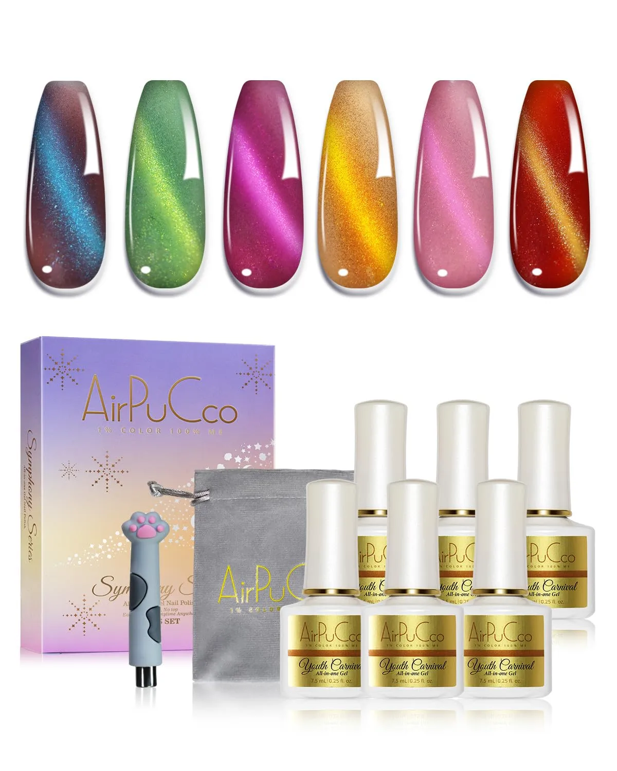 All-in-One Cat Eye Gel Nail Polish Kit, 6 Colors in Vibrant & Shimmering Tones (Pink Gradient, Magenta, Blue Grey), Soak Off Nail Art Set for Home DIY Manicure, Ultra-Portable Compact Design