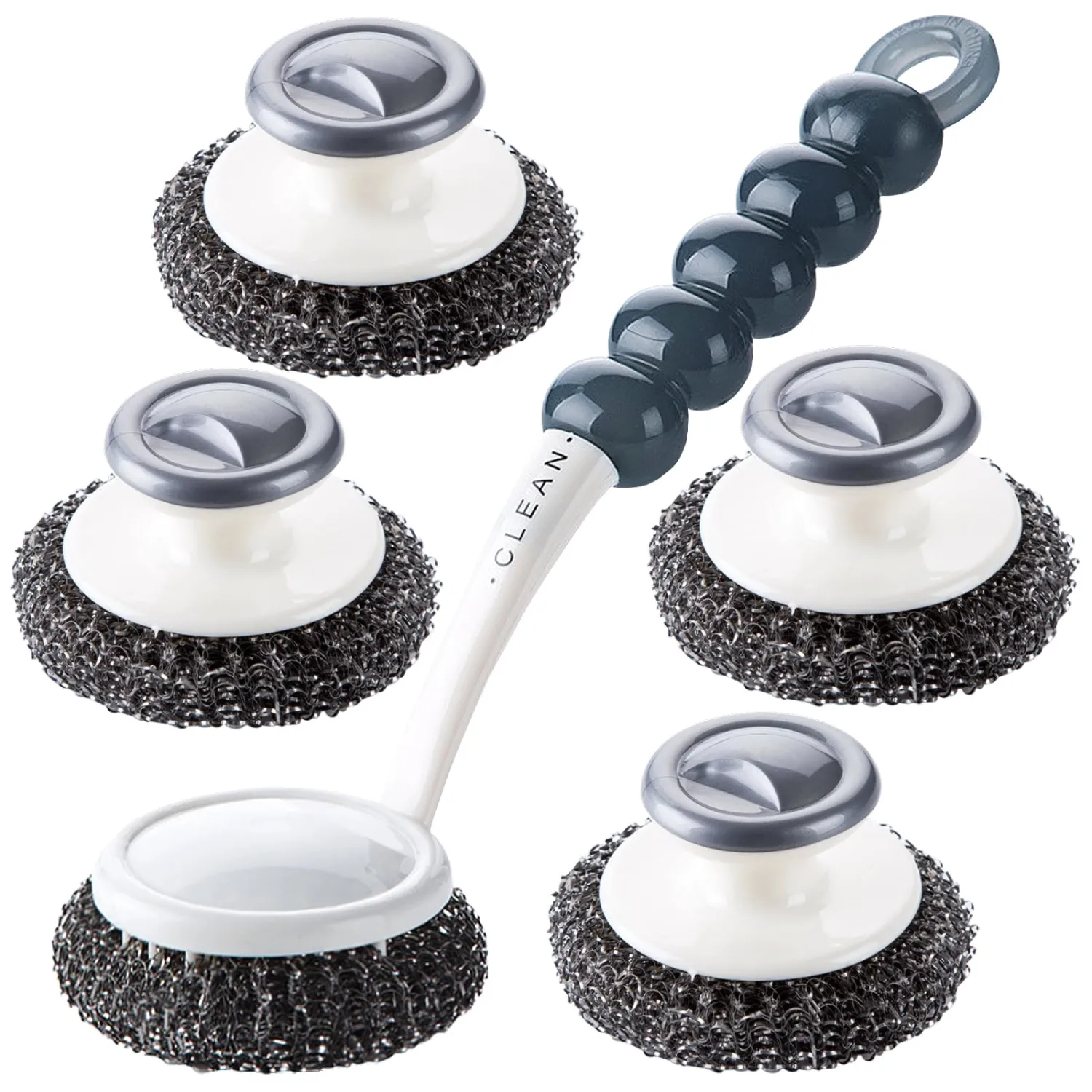 Stainless Steel Scrubber with Handle，Heavy Duty Cleaning Supplies for Pots, Pans, Grills, Ovens & Other Tough Jobs (5P)