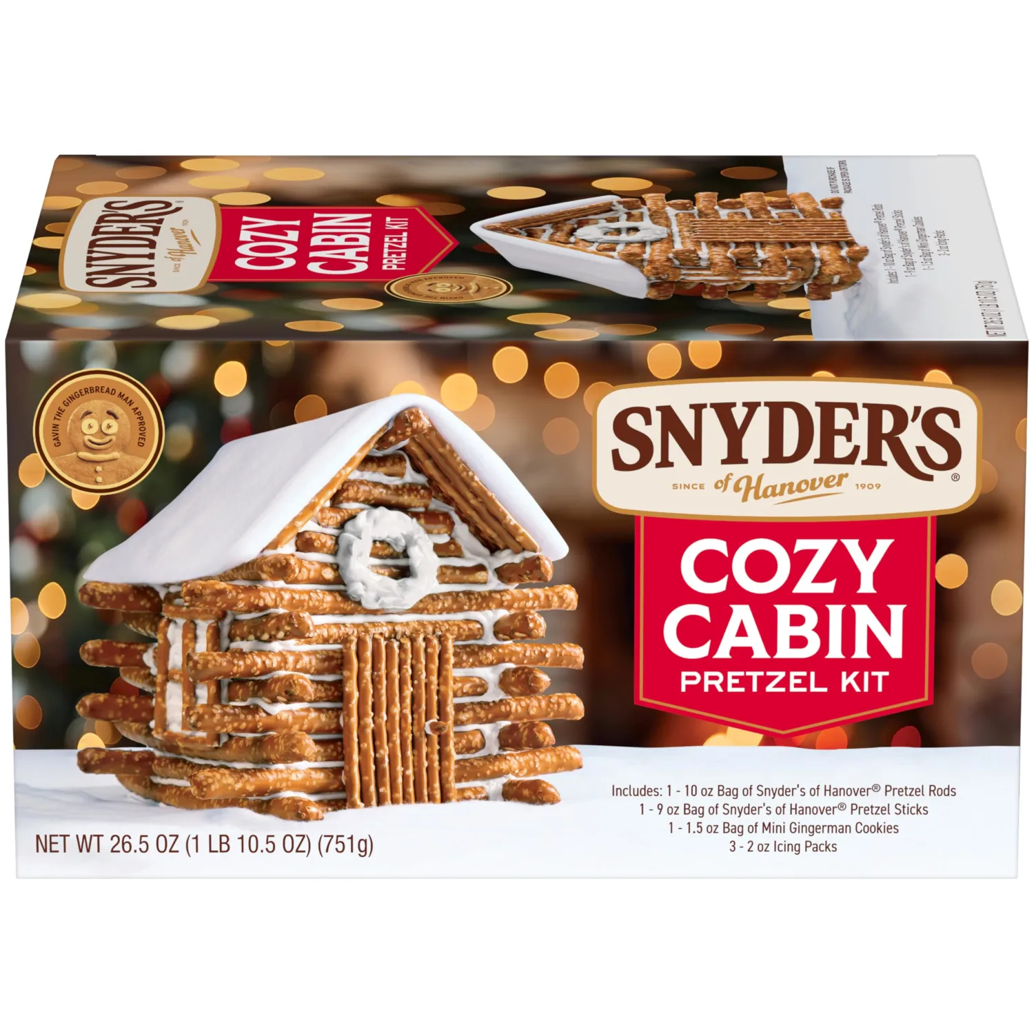 Snyder's of Hanover Cozy Pretzel Cabin Holiday Kit with Pretzel Sticks and Rods, Icing, Gingerman Cookies