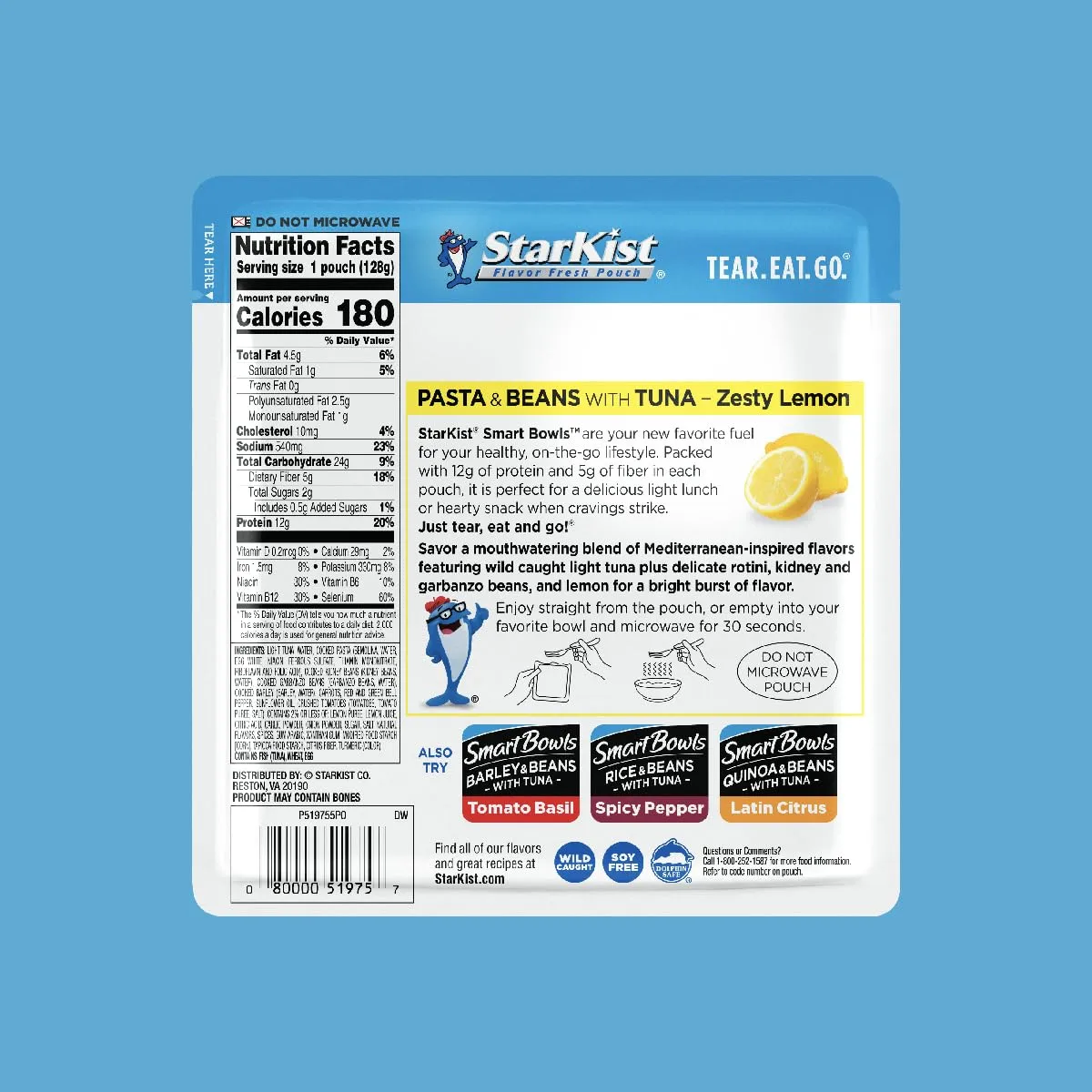 StarKist Smart Bowls Tuna, Pasta and Beans, Zesty Lemon, 4.5 oz Pouch