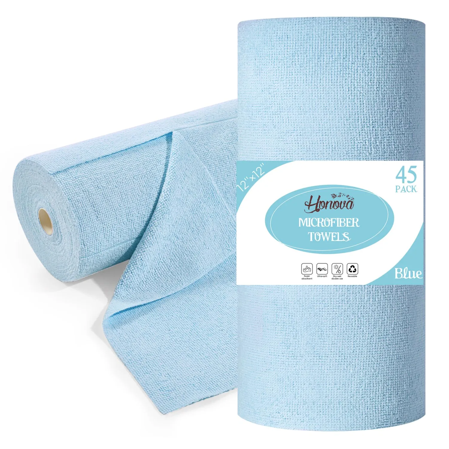Honova Microfiber Cleaning Cloth Roll 45 Pack, 12" x 12" Washable Paper Towels, Tear Away Microfiber Towels Roll,All-Purpose Washable Cleaning Rags for Kitchen, Window, Garage Shop(Blue)