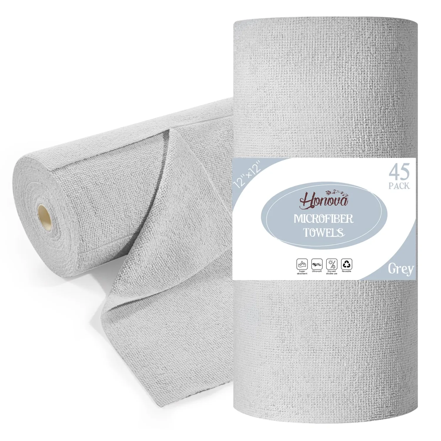 Honova Microfiber Cleaning Cloth Roll 45 Pack, Reusable Paper Towels Washable Roll, 12" x 12", Tear Away Microfiber Towels, Highly Absorbent, Lint Free Dish Rags for Kitchen, Window, Car, Shop(Grey)