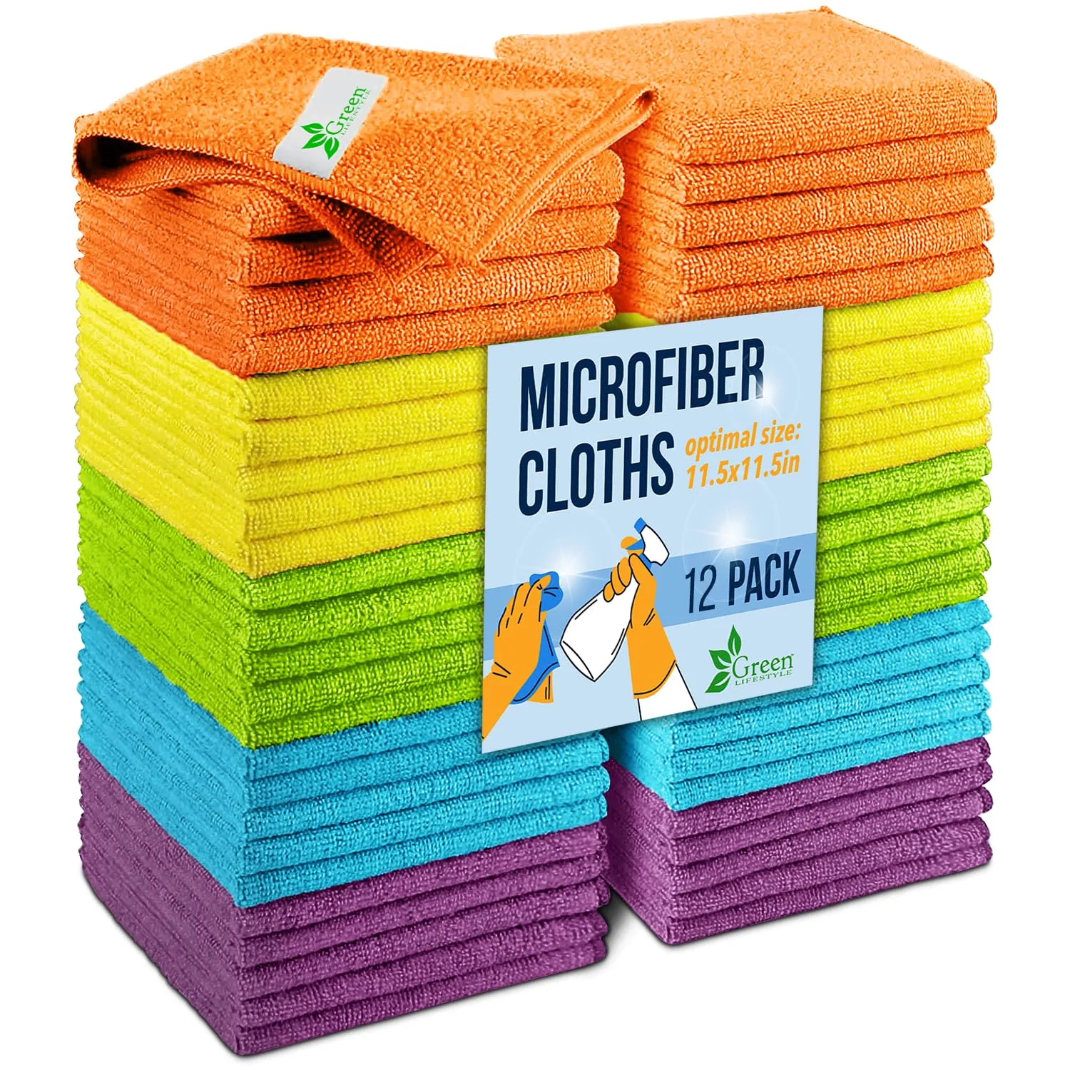 GREEN LIFESTYLE Chamois Cloth, Microfiber Cleaning Cloth 12 Pack, Borderless Towels Cleaning, Car Microfiber Towel, Drying Car Wash Towels (11.5" x 11.5", Multicolor)