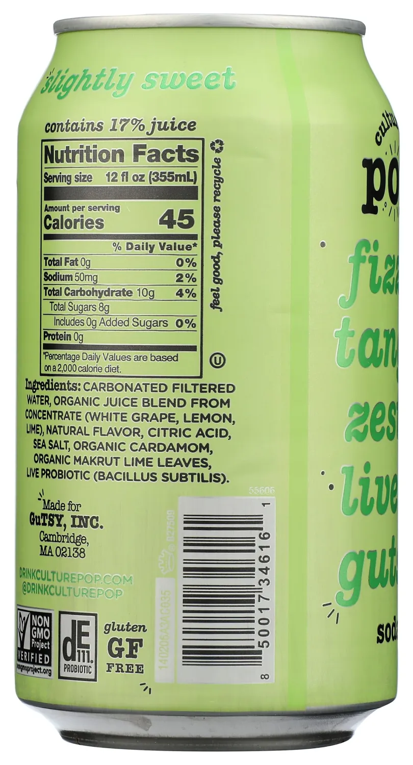 Culture Pop Soda Lemon Lime & Cardamom Probiotic Soda, 12 FZ