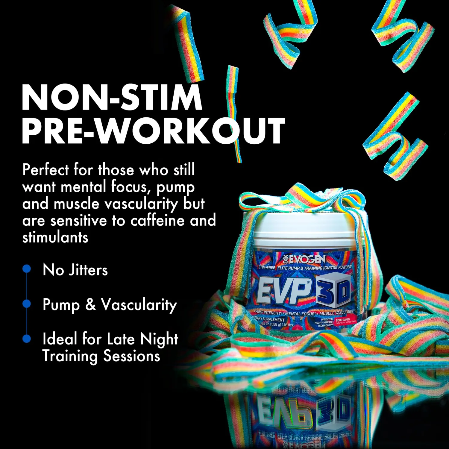 Evogen EVP 3D - Stim Free Pre Workout Powder for Men & Women | Sugar Free Non Stim Preworkout with Beta Alanine and Creatine for Energy & Pump | Sour Candy | 40 Servings