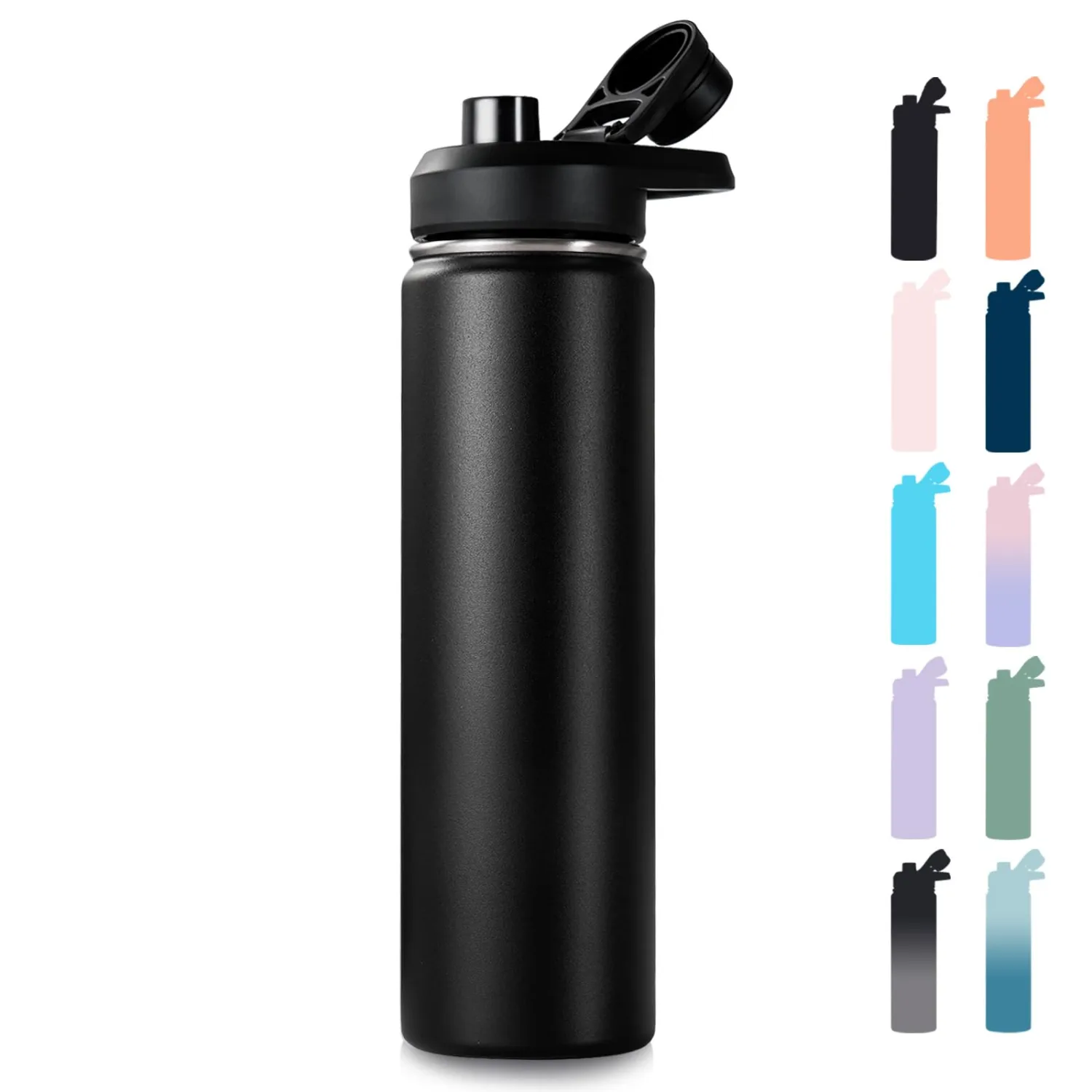 24 oz Insulated Water Bottle with Handle, 304 Stainless Steel Water Bottles with Wide Mouth, Double Wall Vacuum Sports Water Bottle, BPA Free, Keep Cold and Hot, Black