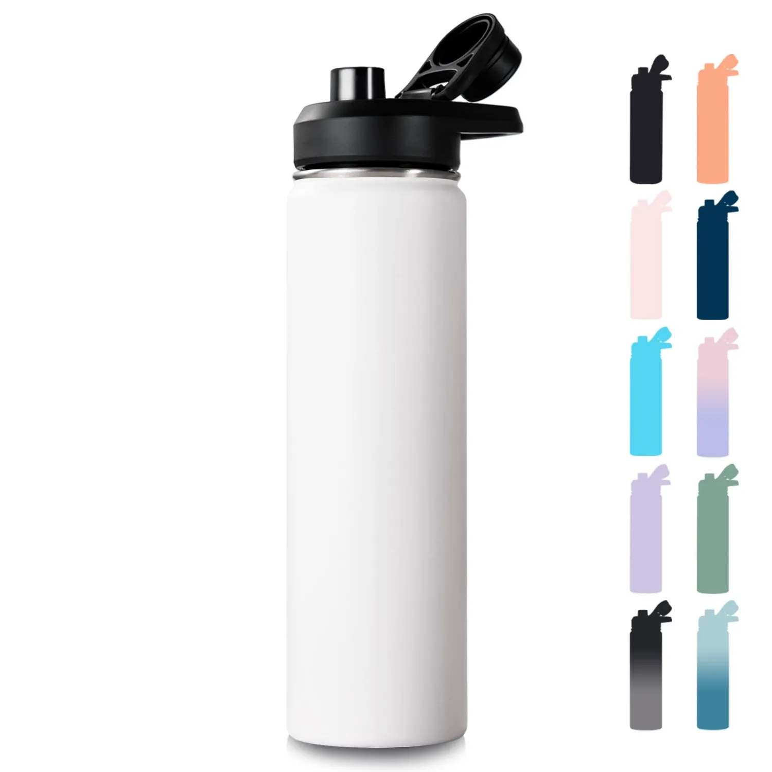 24 oz Insulated Water Bottle with Handle, 304 Stainless Steel Water Bottles with Wide Mouth, Double Wall Vacuum Sports Water Bottle, BPA Free, Keep Cold and Hot, White
