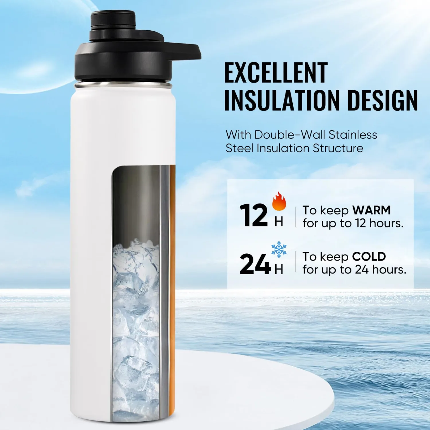 24 oz Insulated Water Bottle with Handle, 304 Stainless Steel Water Bottles with Wide Mouth, Double Wall Vacuum Sports Water Bottle, BPA Free, Keep Cold and Hot, White