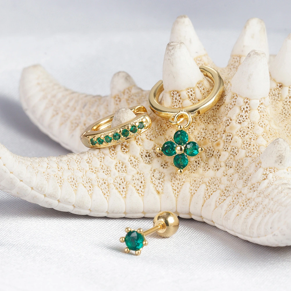 Geometric Ear Studs Suit Green Zircon Flower Light Luxury