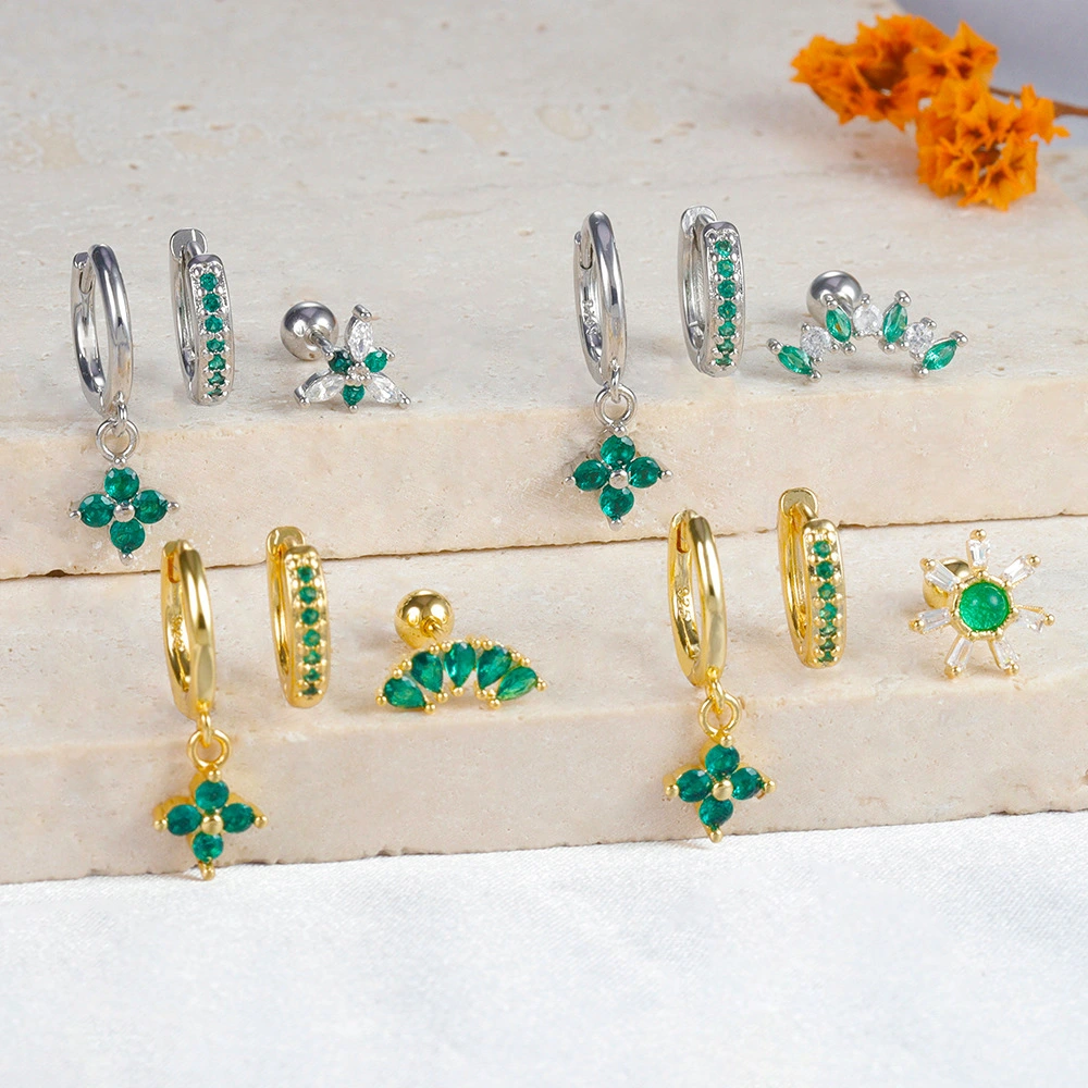 Geometric Ear Studs Suit Green Zircon Flower Light Luxury