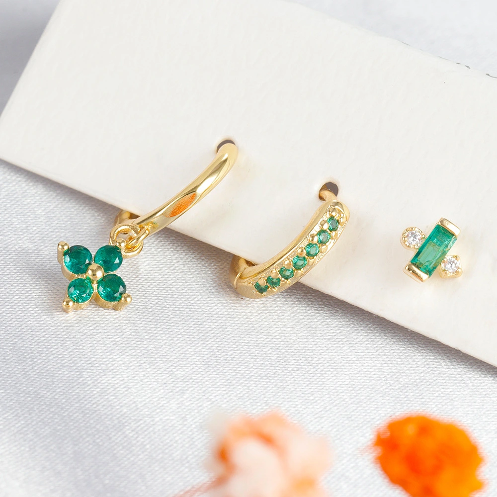 Geometric Ear Studs Suit Green Zircon Flower Light Luxury