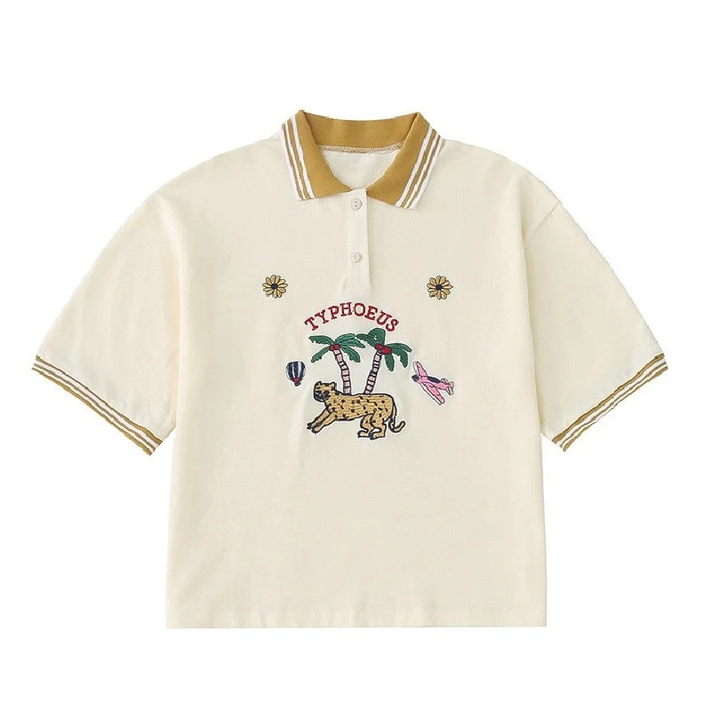 Japanese Style Vintage Style Childlike Hand-painted Illustration Embroidery Short T-shirt