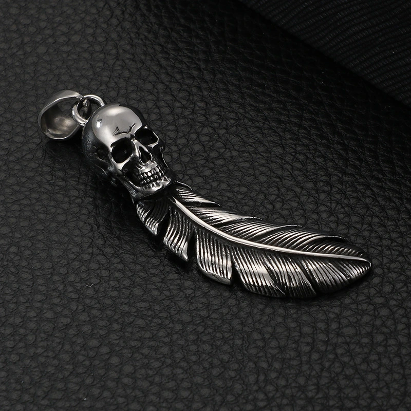Stainless Steel Skull Retro Personalized Feather Pendant