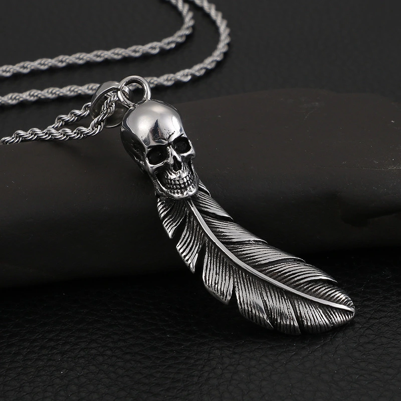 Stainless Steel Skull Retro Personalized Feather Pendant