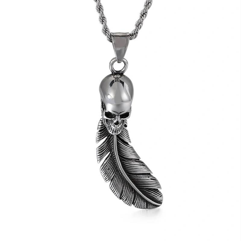 Stainless Steel Skull Retro Personalized Feather Pendant