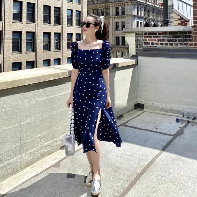 French Blue Polka Dots Dress Women's Summer New