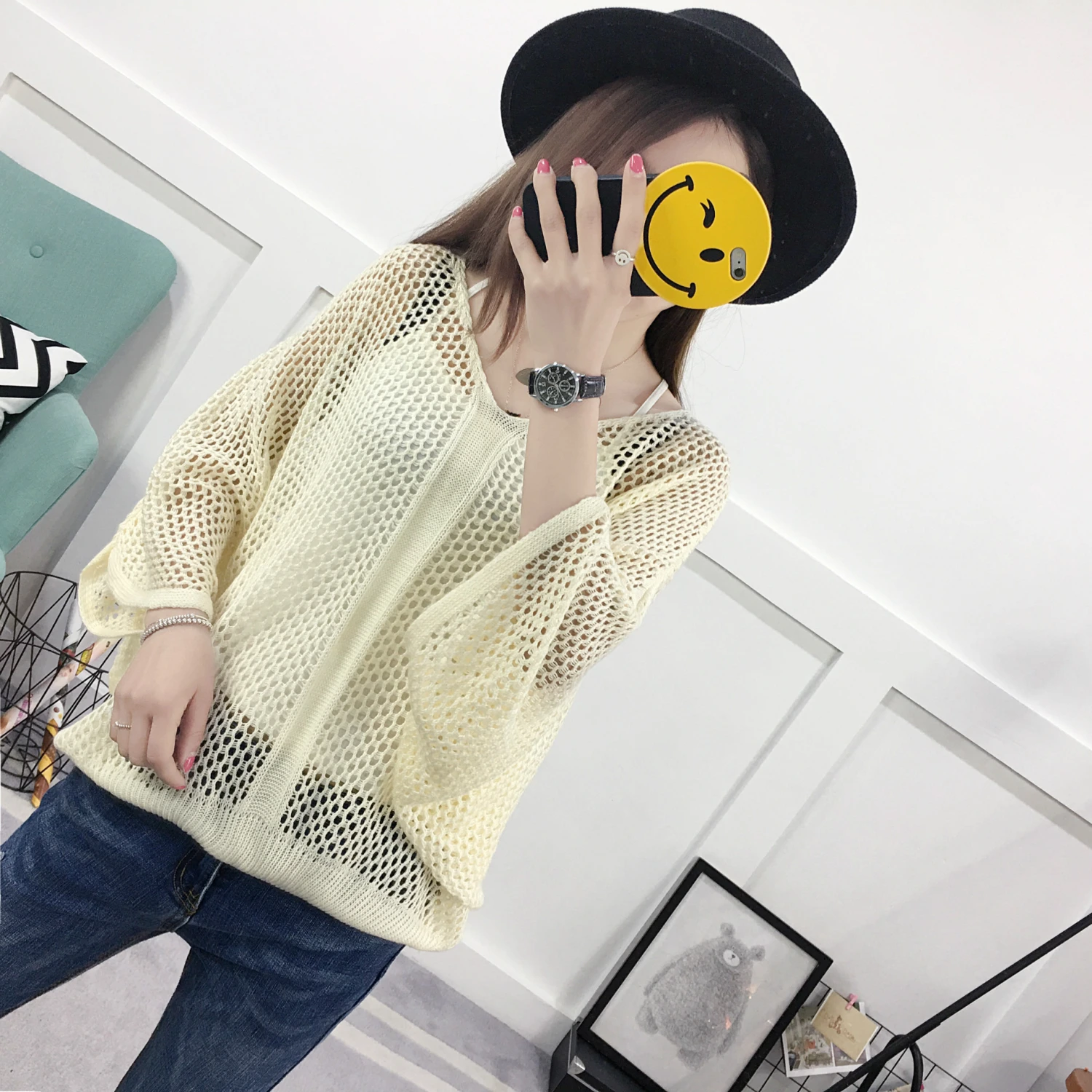 Spring And Summer Loose V-neck Hollow Sweater