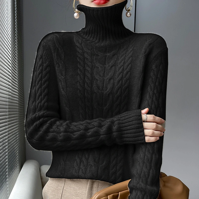Cable-knit Turtleneck Bottoming Sweater Pure Color All-matching Women's Pullover Gentle Temperament