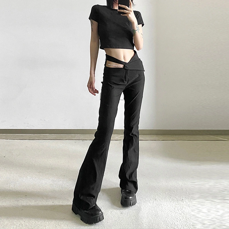 Hipster Street Hollow-out Fashion High Waist Slimming Pearl Chain Casual Trousers