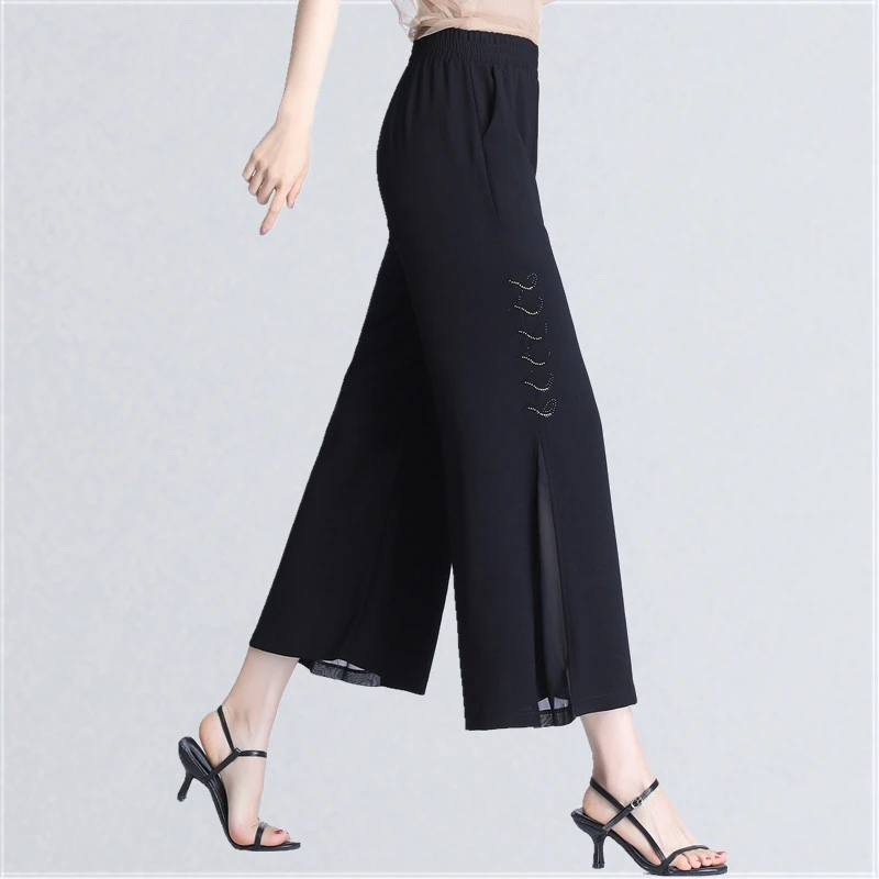 Ice Silk Chiffon Straight Wide-leg Pants Women's Cropped Pants Thin