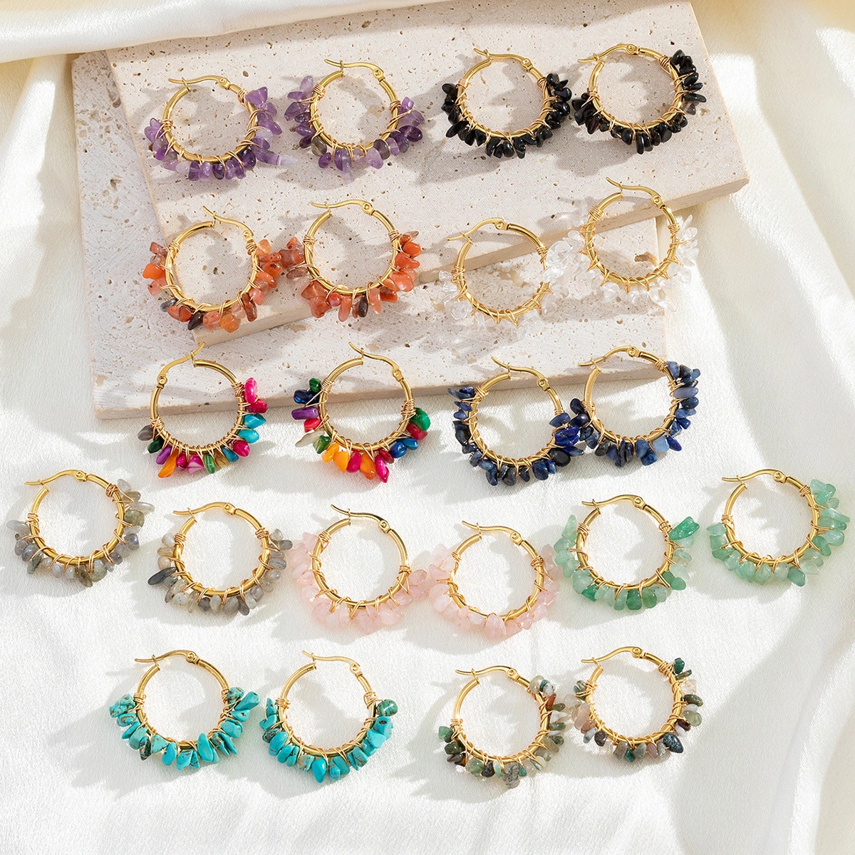 European And American Handmade Bohemian Natural Gravel Small Round Earrings
