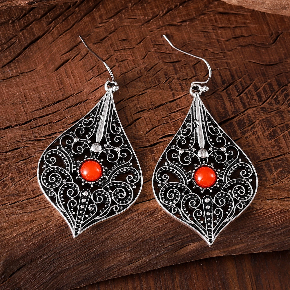 Retro Ethnic Style Hollow Pattern Ruby Earrings