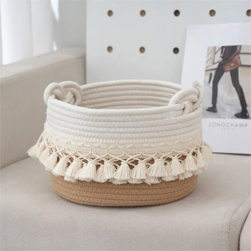 Auspicious Buckle Shape Tassel Cotton String Weaved Storage Basket Dirty Clothes Basket