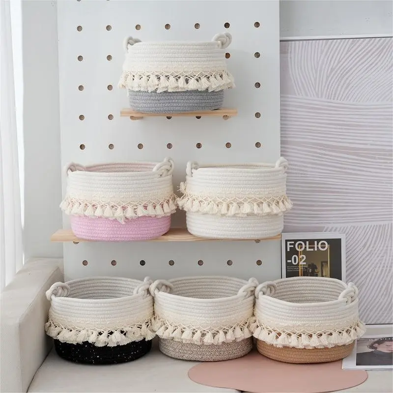 Auspicious Buckle Shape Tassel Cotton String Weaved Storage Basket Dirty Clothes Basket