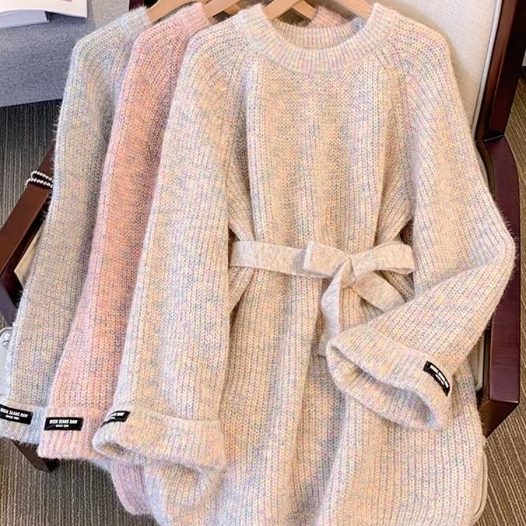 Plus Size Round Neck Sweater Autumn Women Clothing Idle Style Chubby Slimming Mid-length Waist Tight Pullover Sweater