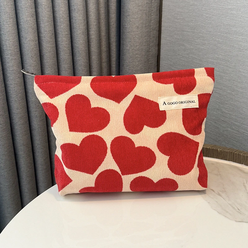 Corduroy Love Heart Cosmetic Bag Portable Skin Care Products Buggy Bag