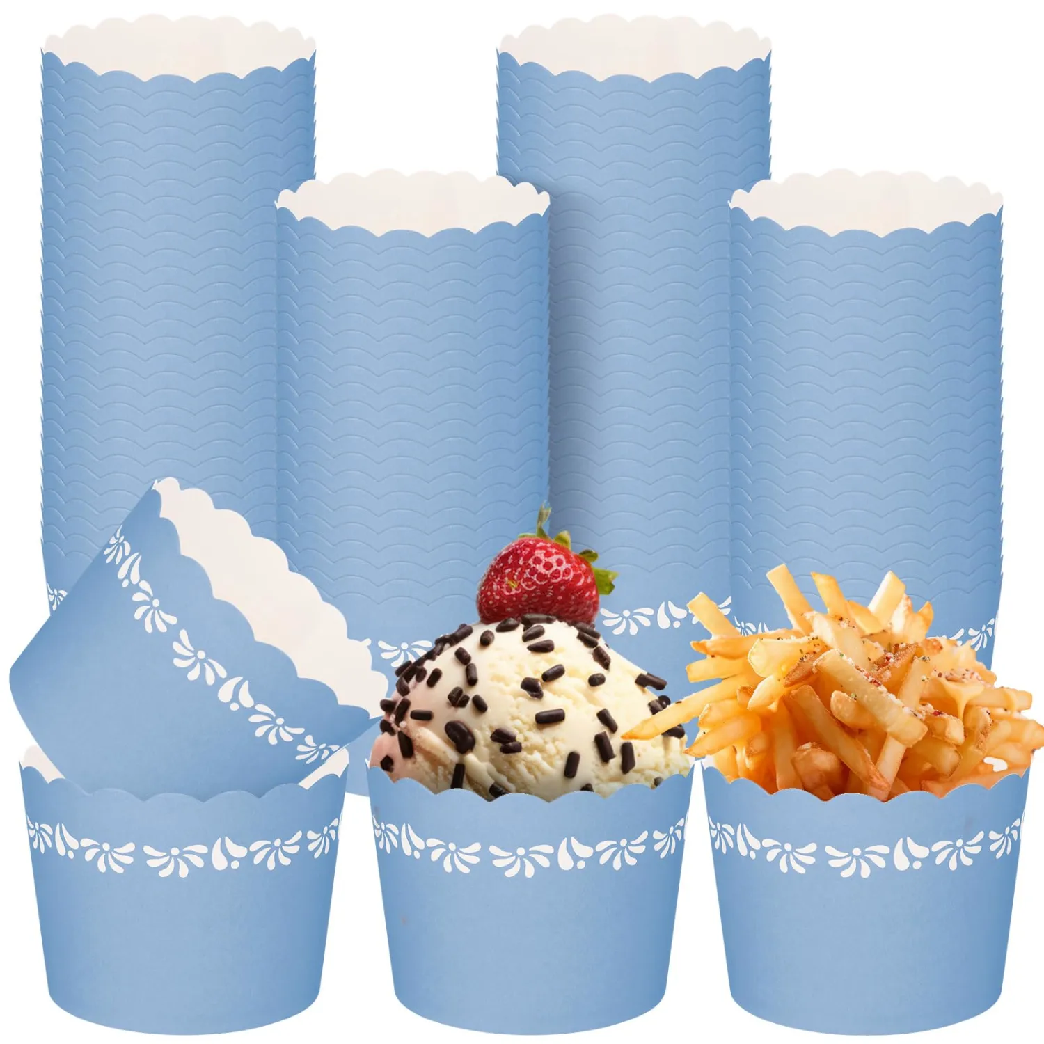 150 Pcs Cielito Lindo Party Ice Cream Cups 5 oz Dessert Paper Bowls Mexicanos Scalloped Cupcake Liner Blue Disposable Baking Cups for Food Sundae Frozen Yogurt Soup Party Supplies