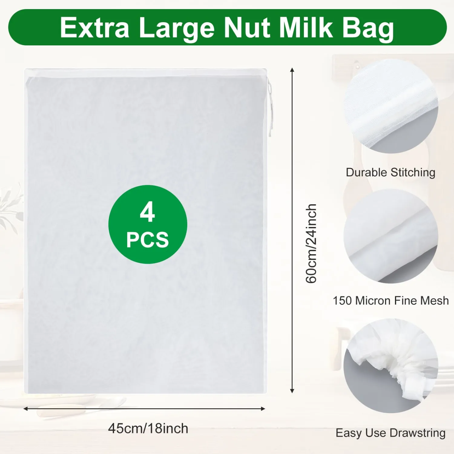 4 Pcs Nut Milk Bag, 18"x24" Nylon Cheese Cloth Bag for Straining, Strong Fine Mesh Strainer Bags with Drawstring, Reusable Nut Bags for Cold Brew Coffee Tea Beer Yogurt