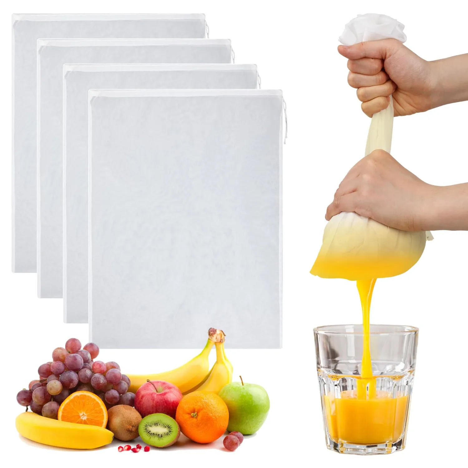 4 Pcs Nut Milk Bag, 18"x24" Nylon Cheese Cloth Bag for Straining, Strong Fine Mesh Strainer Bags with Drawstring, Reusable Nut Bags for Cold Brew Coffee Tea Beer Yogurt