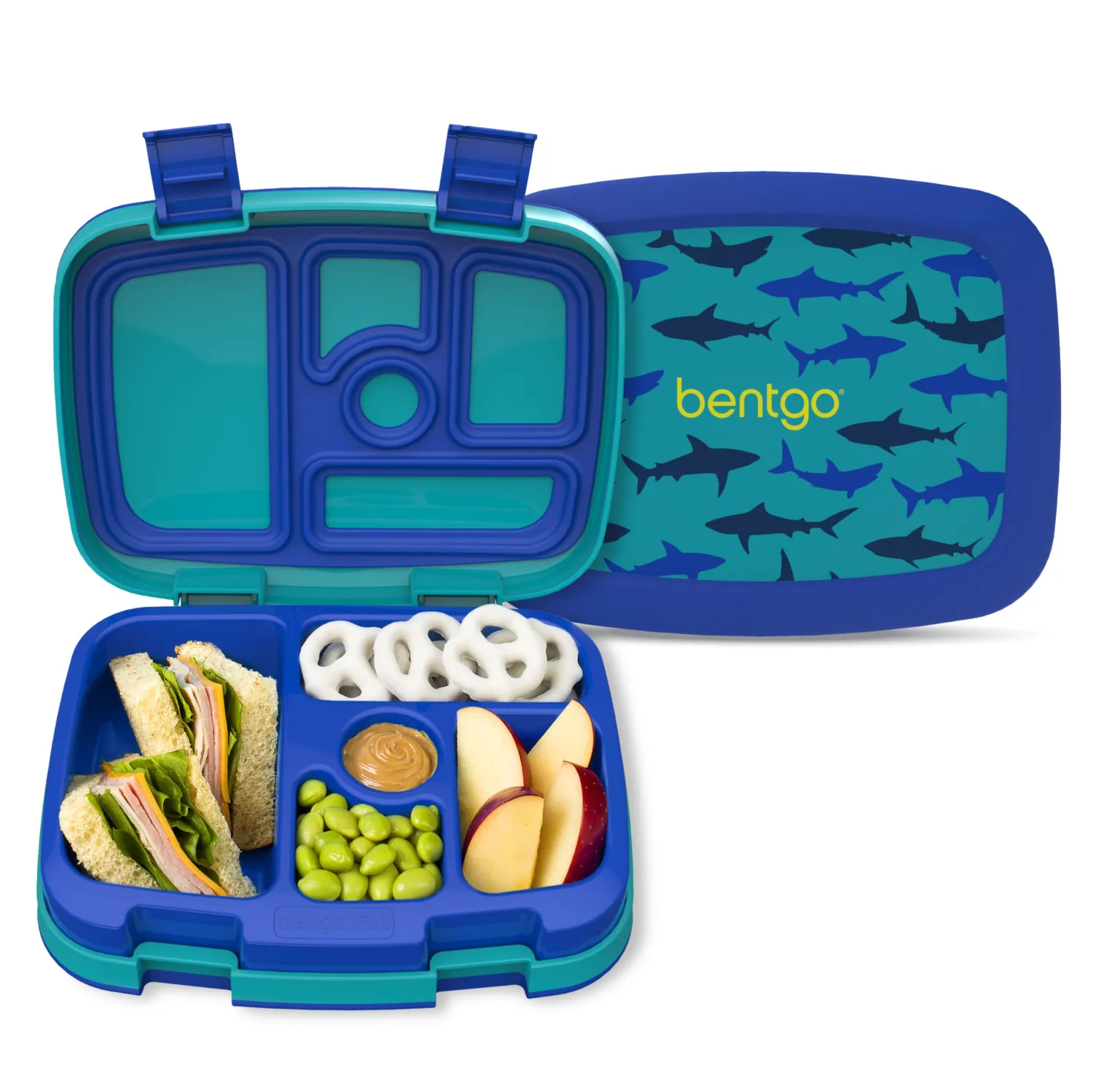 Bentgo Kids Prints Leak-Proof, 5-Compartment Bento-Style Kids Lunch Box - Ideal Portion Sizes for Ages 3-7, Durable, Drop-Proof, Dishwasher Safe, & PFAS & BPA-Free Materials (Sharks)