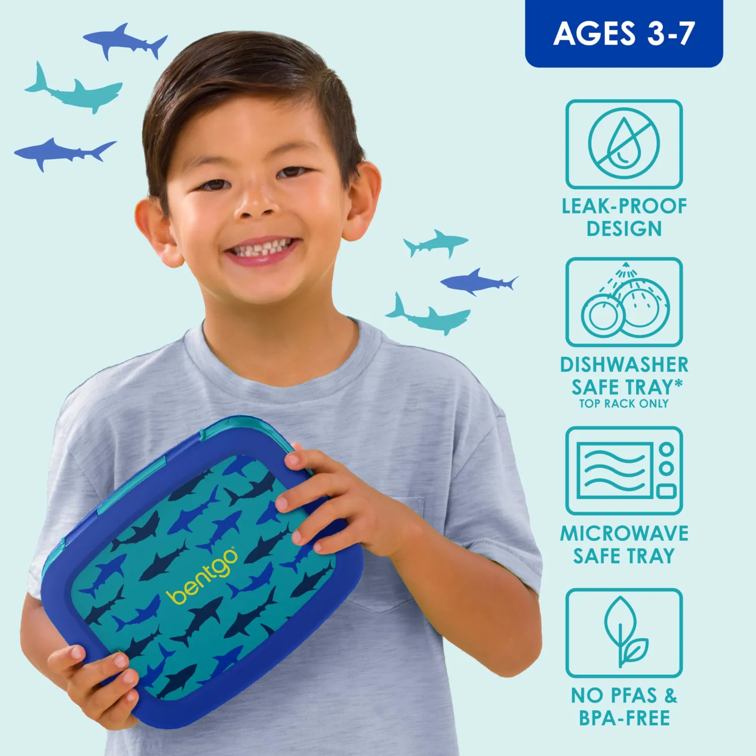 Bentgo Kids Prints Leak-Proof, 5-Compartment Bento-Style Kids Lunch Box - Ideal Portion Sizes for Ages 3-7, Durable, Drop-Proof, Dishwasher Safe, & PFAS & BPA-Free Materials (Sharks)